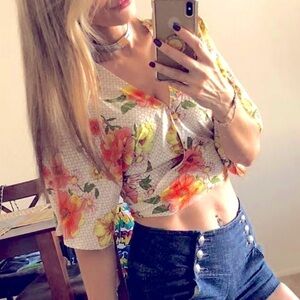 Forever 21 Women Floral Crop Top Front Crossed Tied Up V Neckline Orange Size XS